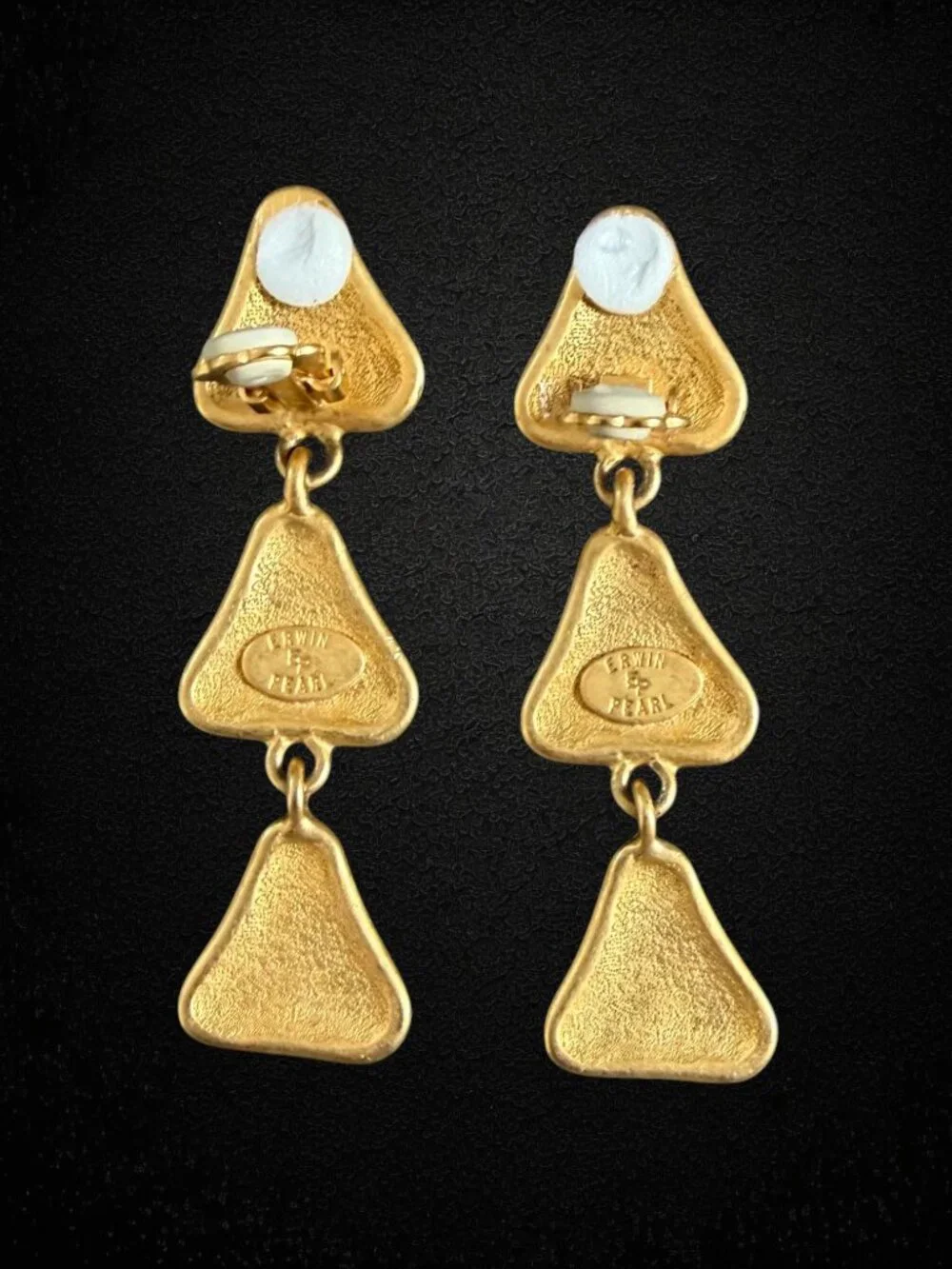Vintage Erwin & Pearl Chunky Gold Triangle Dangle Clip Bold Earrings Statement